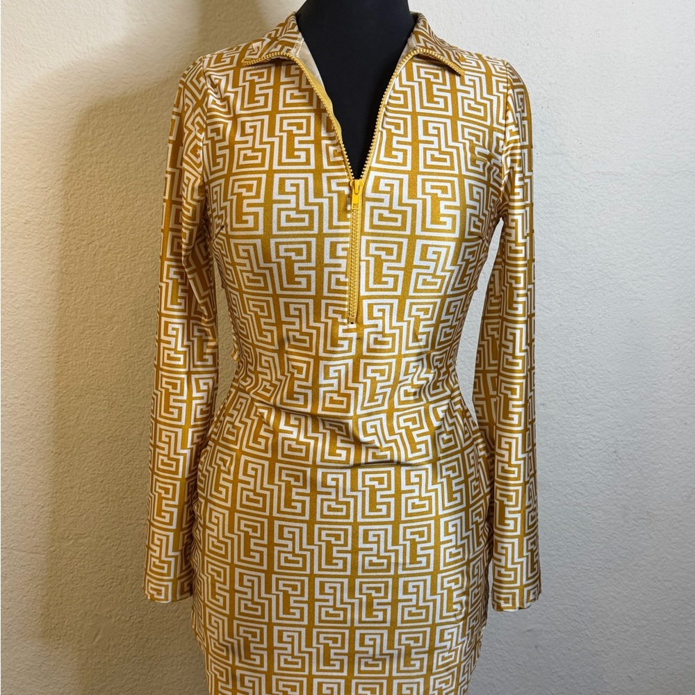 Monaco Gold and White Patterned Long Sleeve Dress